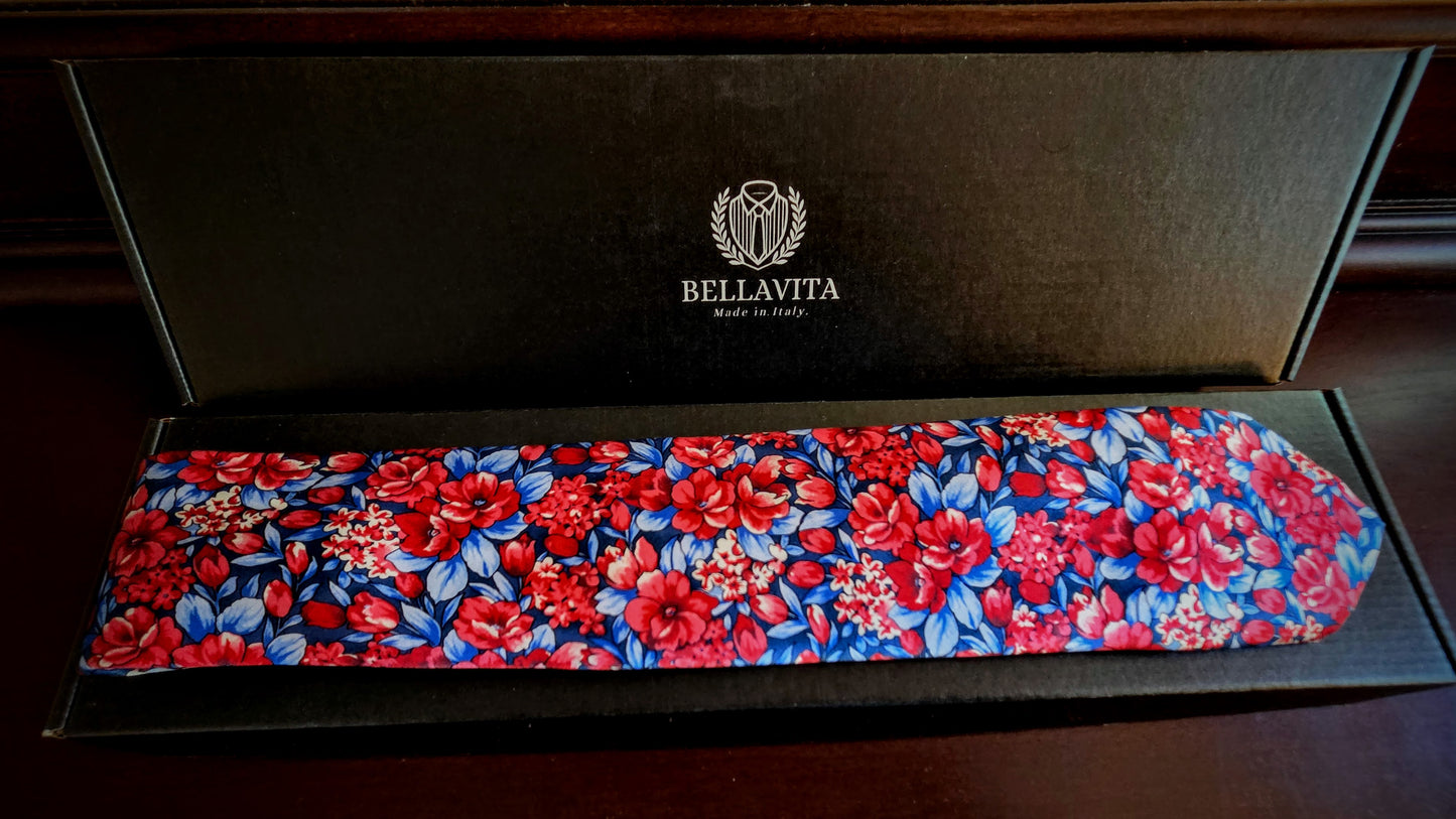 100% Italian Silk Tie - Handmade in Italy - Vibrant Floral - Red, Yellow