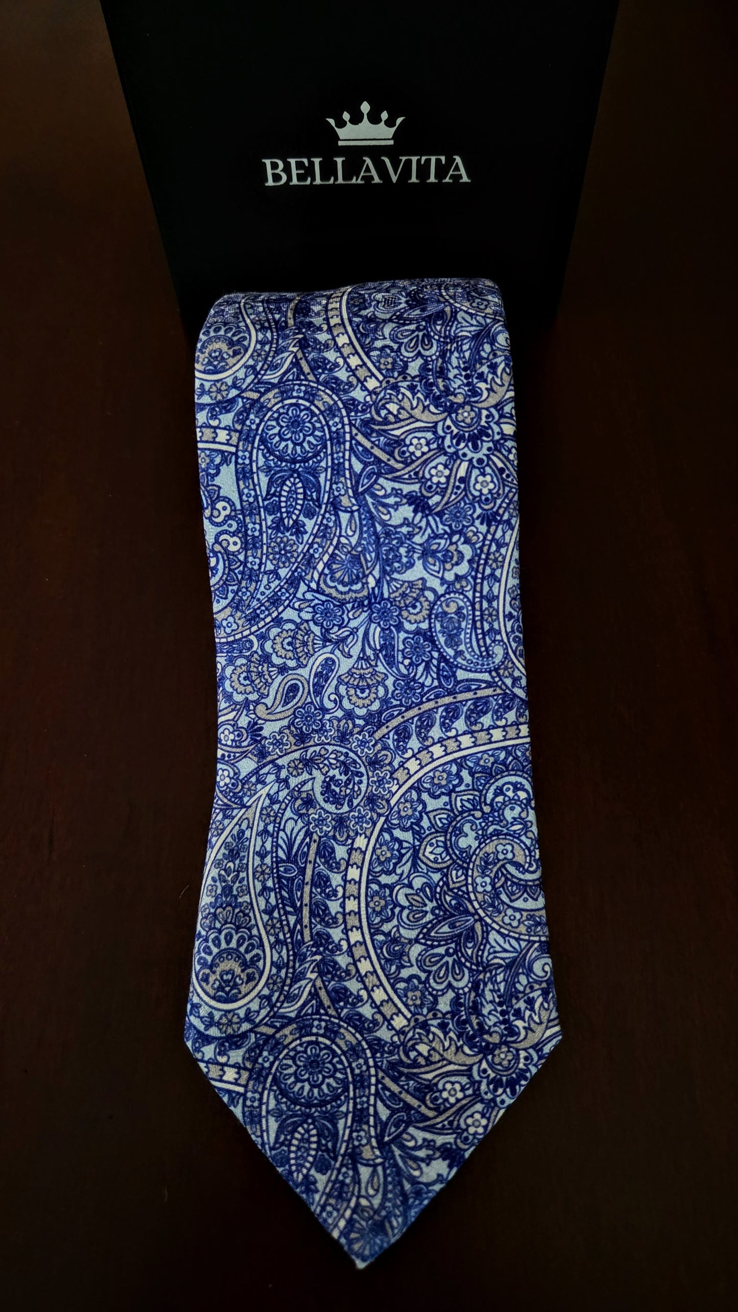 100% Italian Silk Tie - Handmade in Italy - M107 - Paisley - Blue-Grey