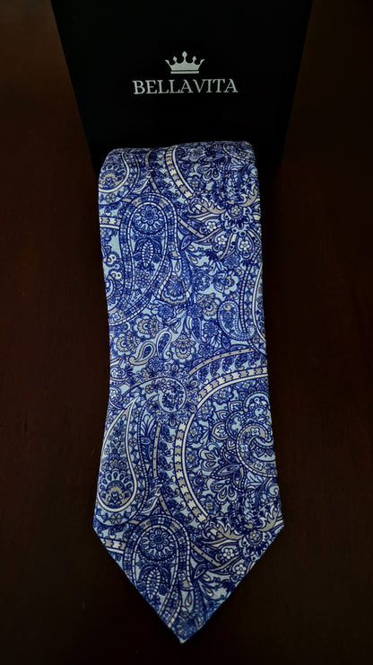 100% Italian Silk Tie - Handmade in Italy - M107 - Paisley - Blue-Grey