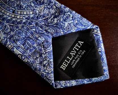 100% Italian Silk Tie - Handmade in Italy - M107 - Paisley - Blue-Grey
