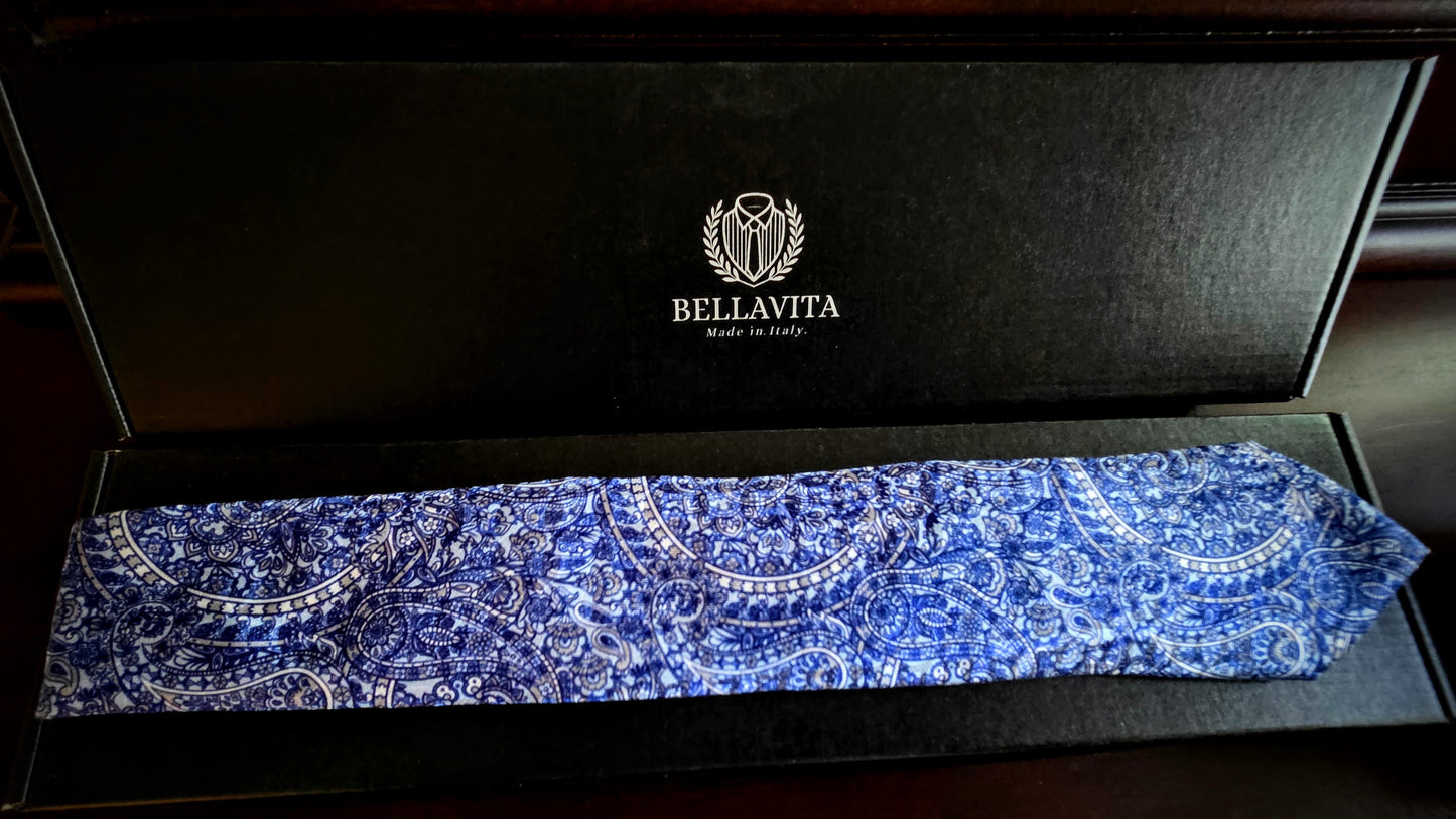 100% Italian Silk Tie - Handmade in Italy - M107 - Paisley - Blue-Grey