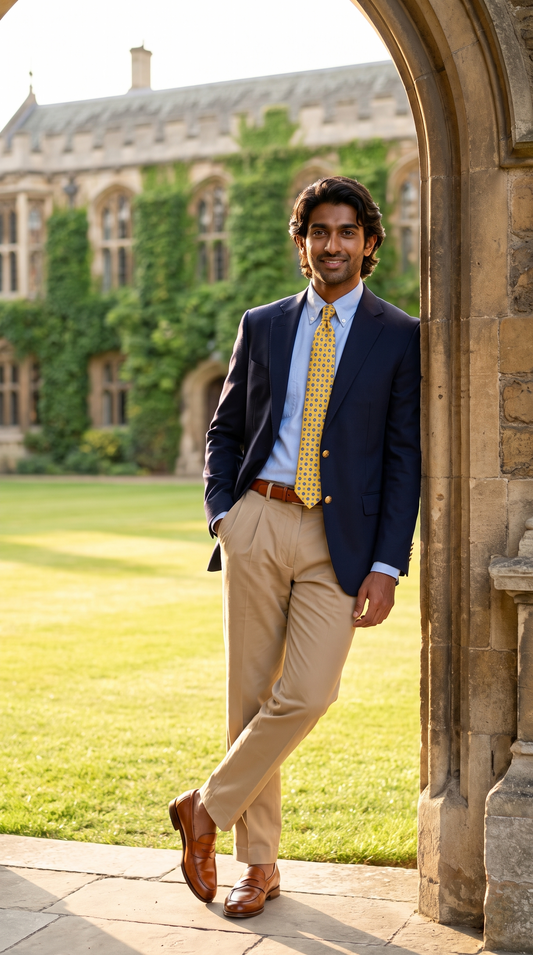 A man wearing a navy blazer, light blue dress shirt, yellow patterned tie, khaki trousers, and brown leather shoes leans against a stone archway in front of a green lawn and ivy-covered building.