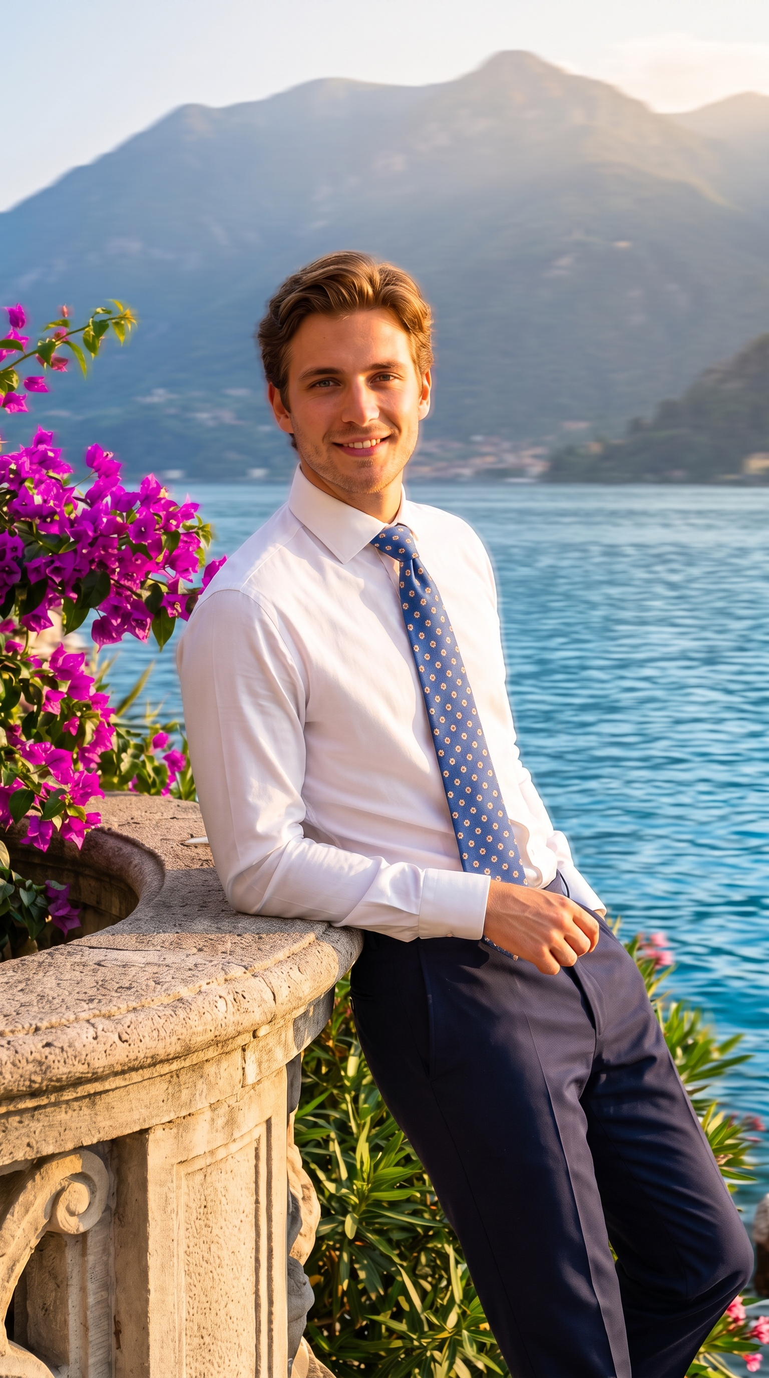 A man in a white dress shirt, blue patterned tie, and navy trousers leans against a stone railing with a scenic lake and mountains in the background.