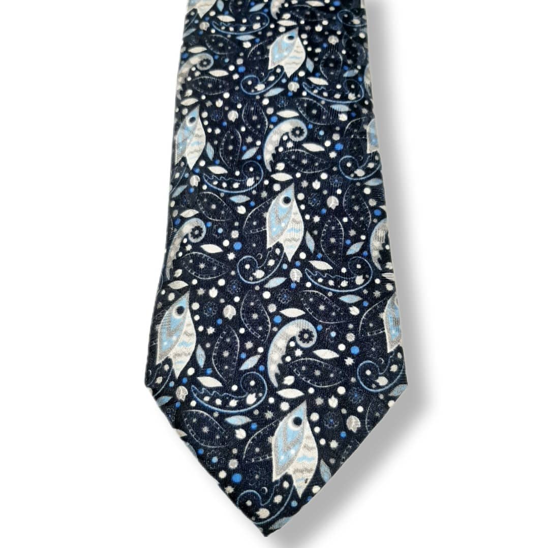 100% Italian Silk Tie - Handmade in Italy -  M106 - Paisley Fish - Purple, Navy