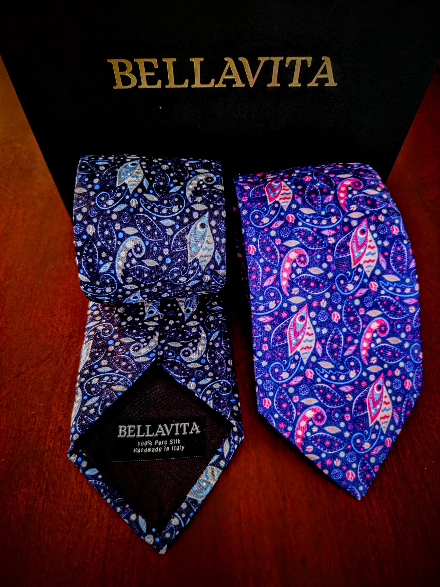 100% Italian Silk Tie - Handmade in Italy -  M106 - Paisley Fish - Purple, Navy