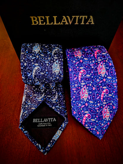 100% Italian Silk Tie - Handmade in Italy -  M106 - Paisley Fish - Purple, Navy