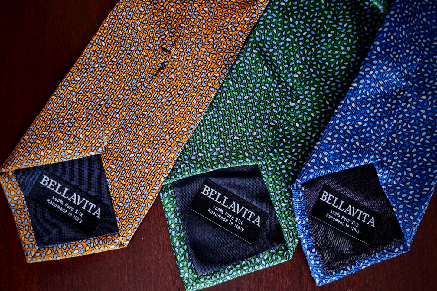 100% Italian Silk Tie - Handmade in Italy -  M111 Print - Forest Green, Burnt Gold, Royal Blue