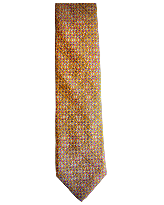100% Italian Silk Tie - Handmade in Italy -  Bright Circle-Square Print - Lively Orange-Pink, Rose-Blue, and Coral Blue-Gray